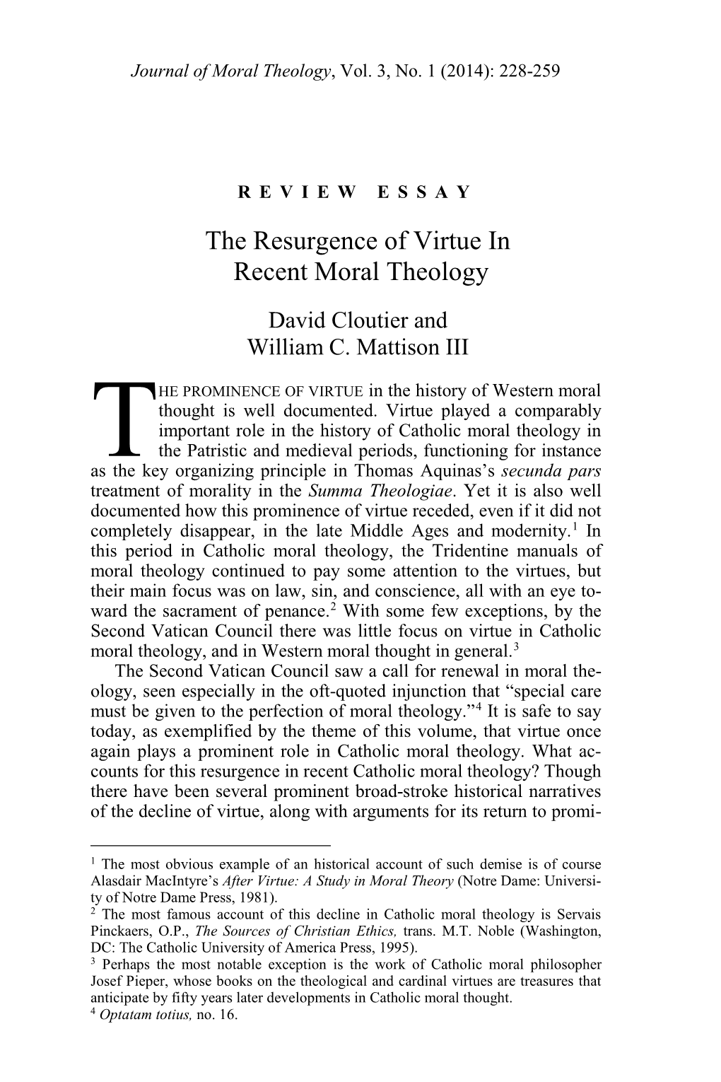 The Resurgence of Virtue in Recent Moral Theology