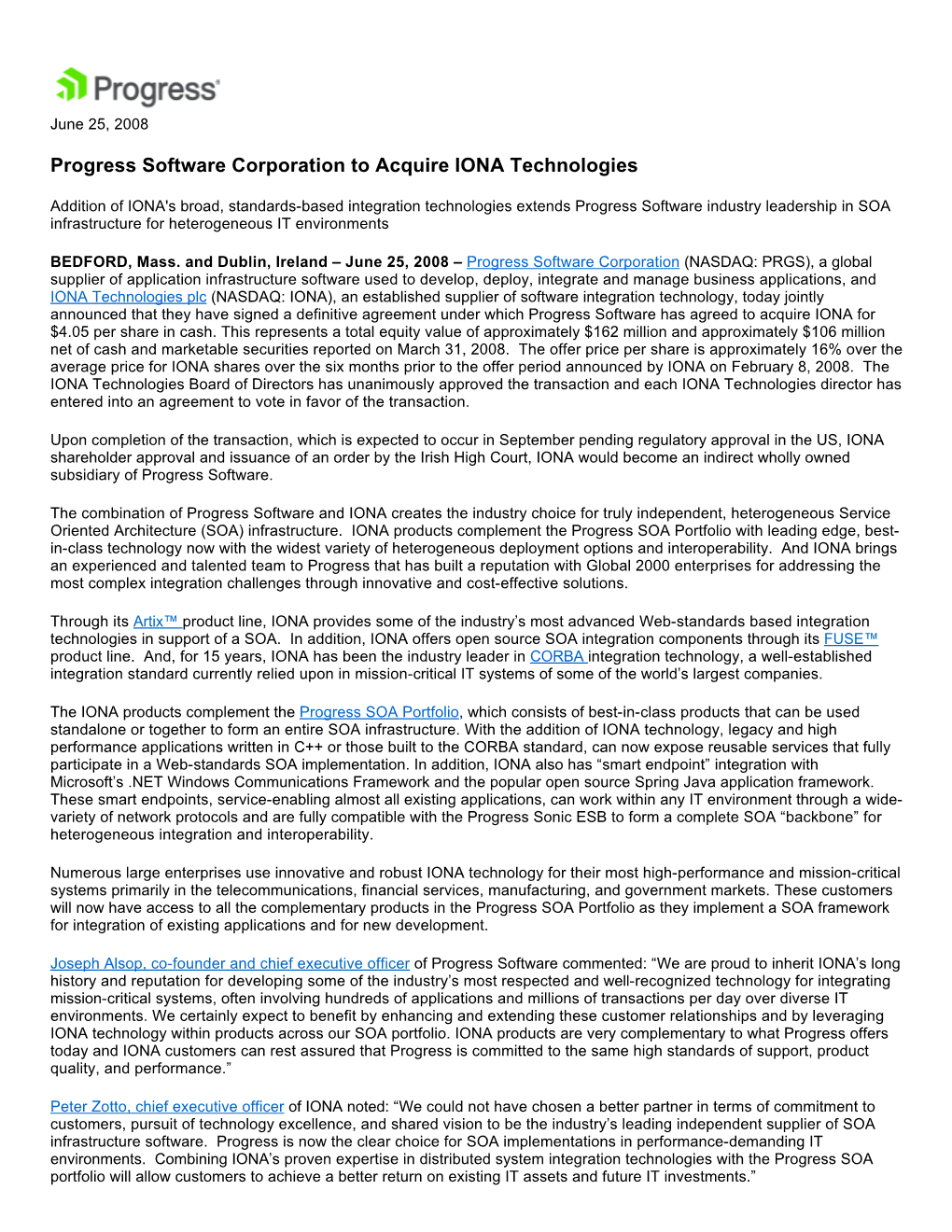 Progress Software Corporation to Acquire IONA Technologies