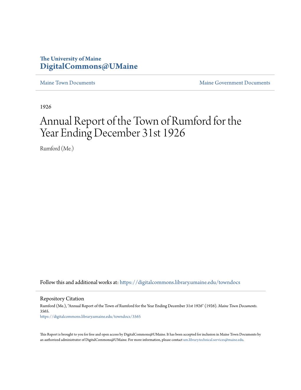 Annual Report of the Town of Rumford for the Year Ending December 31St 1926 Rumford (Me.)