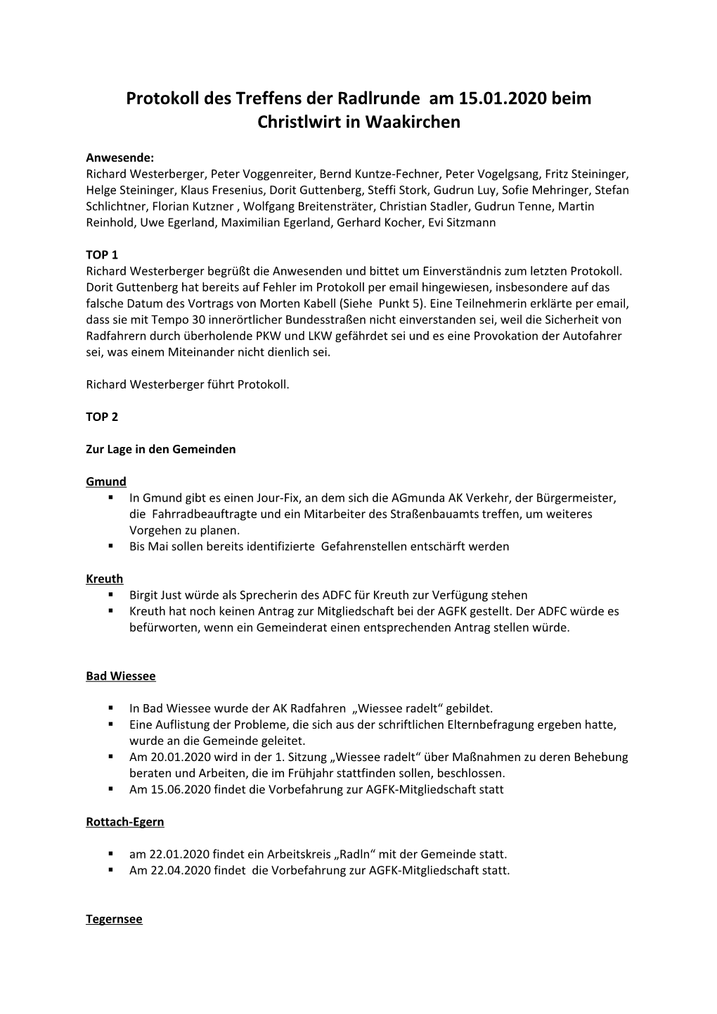 Protokoll Des Treffens Der Radlrunde Am 15.01.2020 Beim Christlwirt in Waakirchen