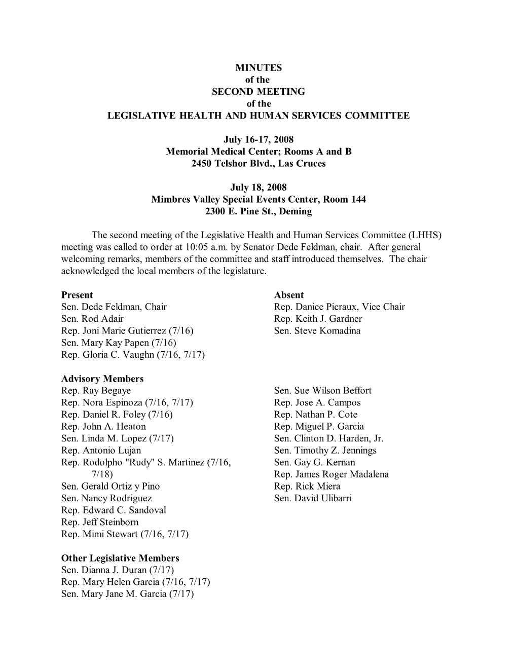 MINUTES of the SECOND MEETING of the LEGISLATIVE HEALTH and HUMAN SERVICES COMMITTEE