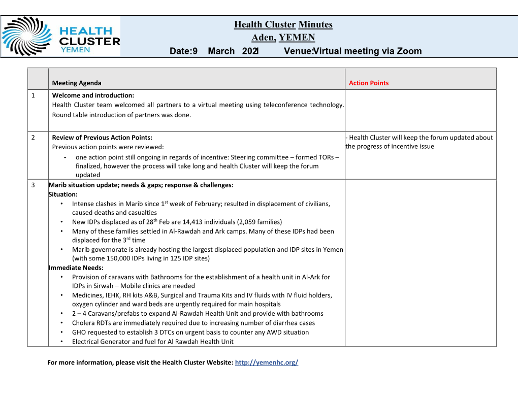 Health Cluster Minutes Aden, YEMEN