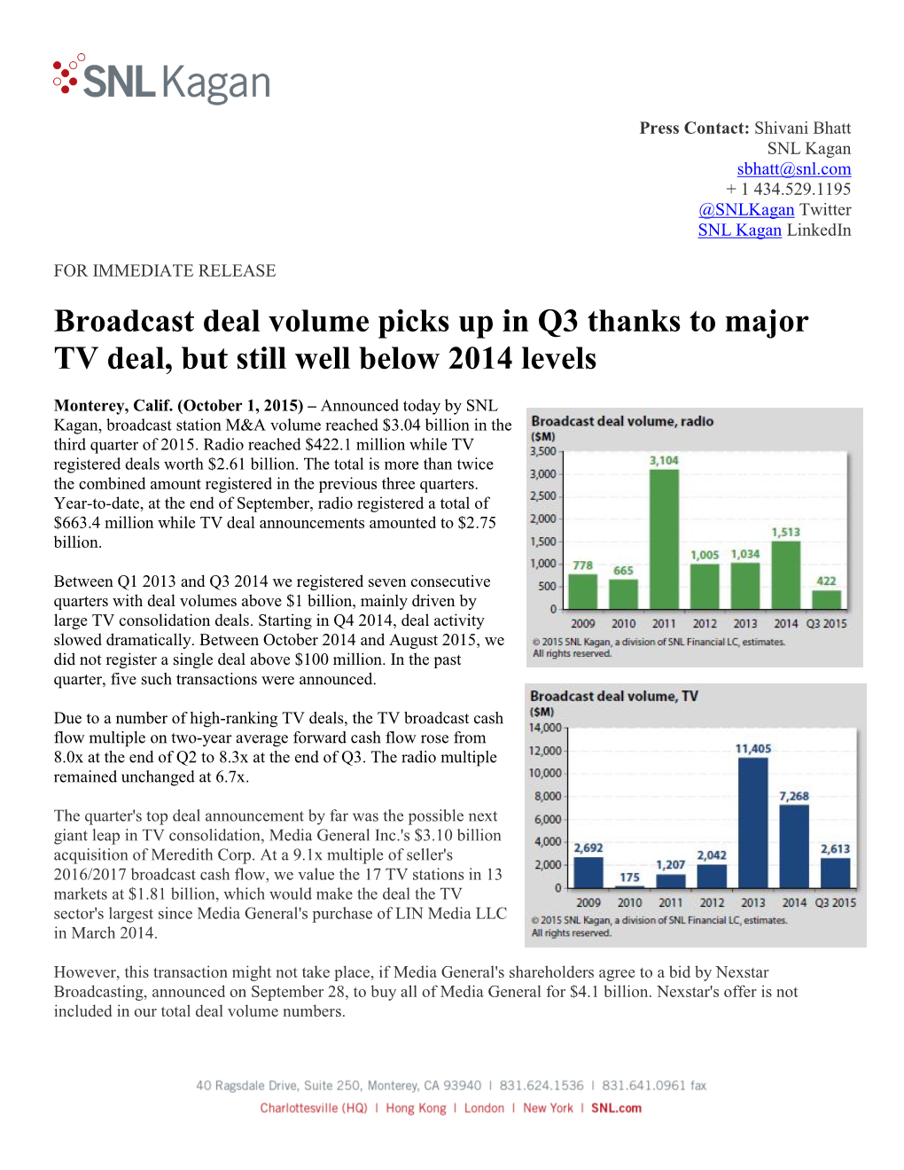 Broadcast Deal Volume Picks up in Q3 Thanks to Major TV Deal, but Still Well Below 2014 Levels