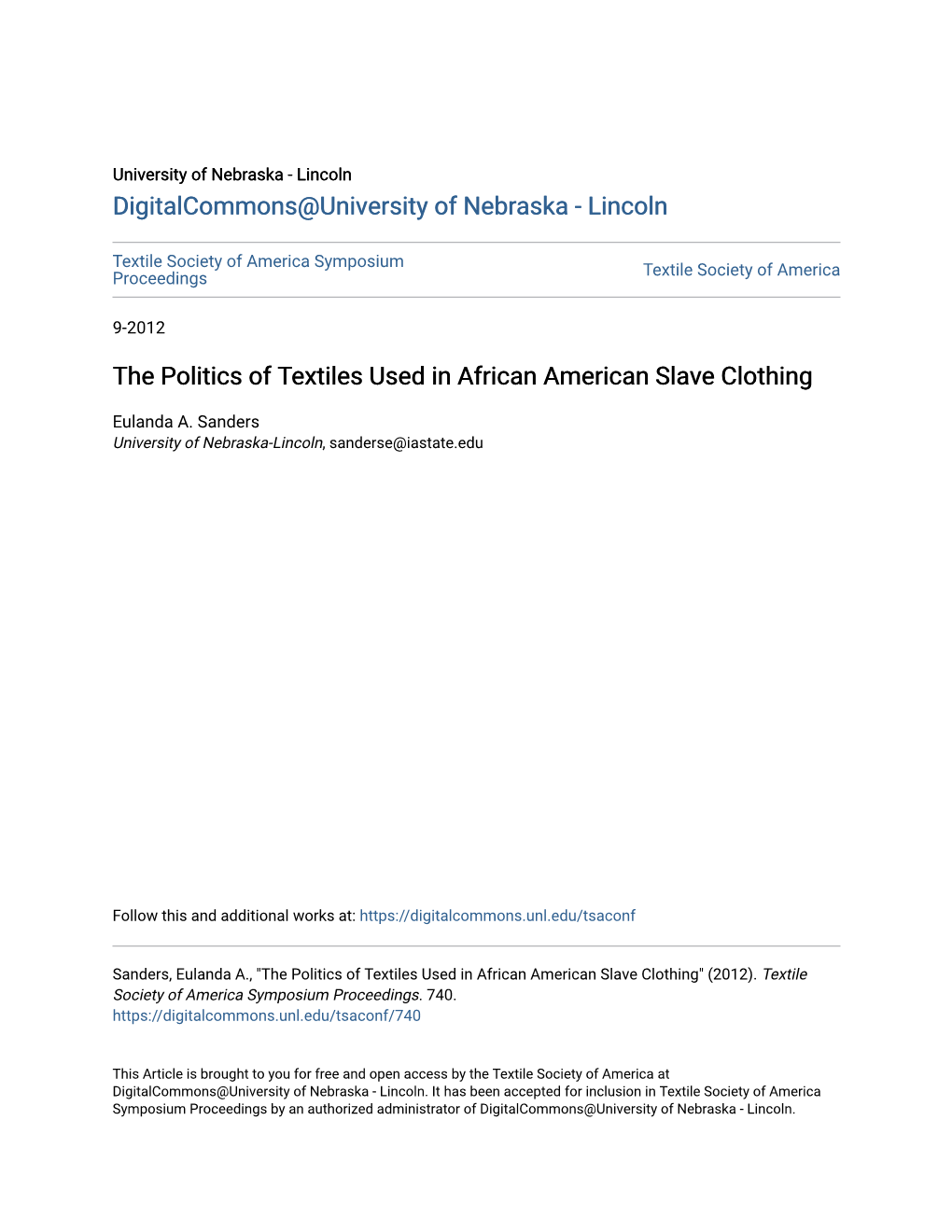 The Politics of Textiles Used in African American Slave Clothing