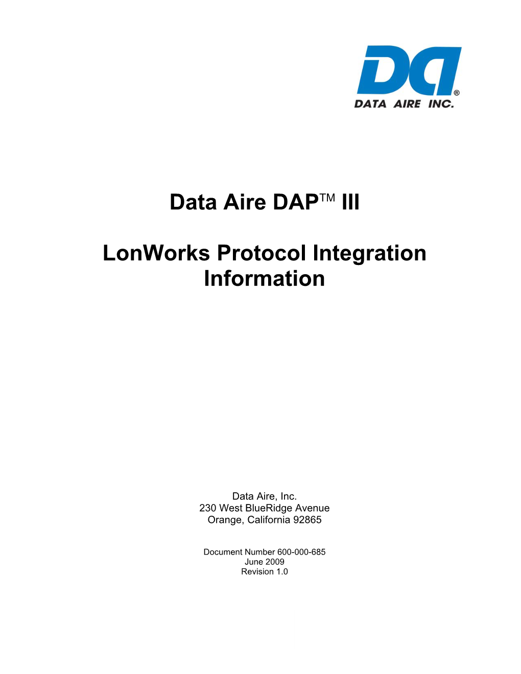 Data Aire DAPTM III Lonworks Protocol Integration Information