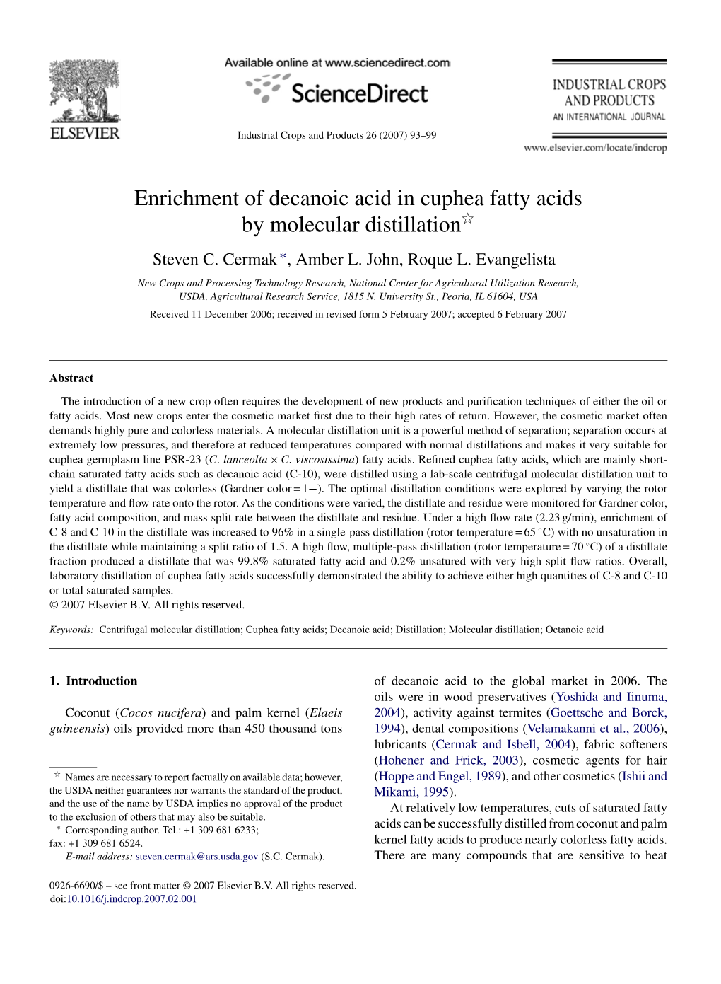 Enrichment of Decanoic Acid in Cuphea Fatty Acids by Molecular Distillationଝ Steven C