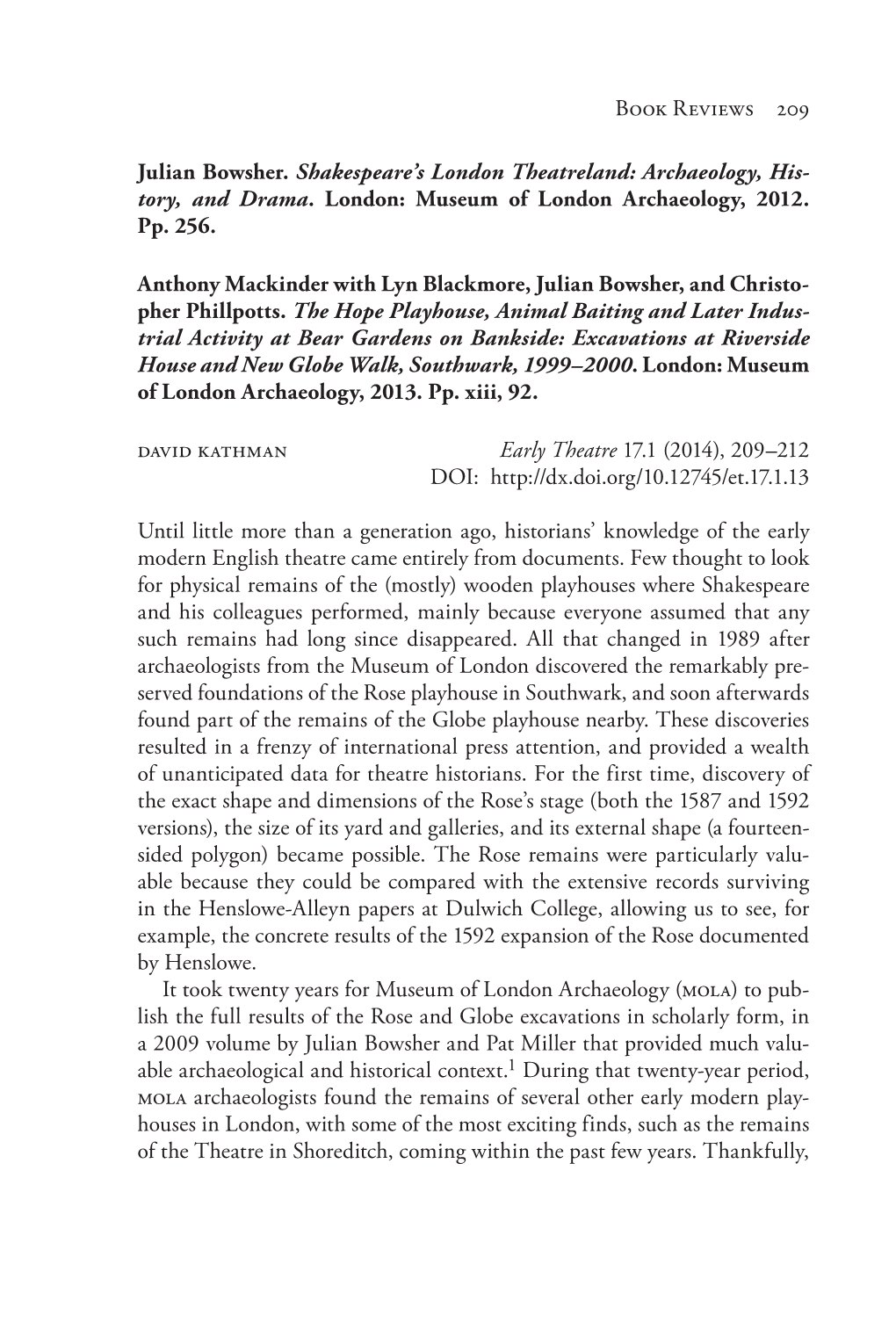 Book Reviews 209 Julian Bowsher. Shakespeare's London Theatreland