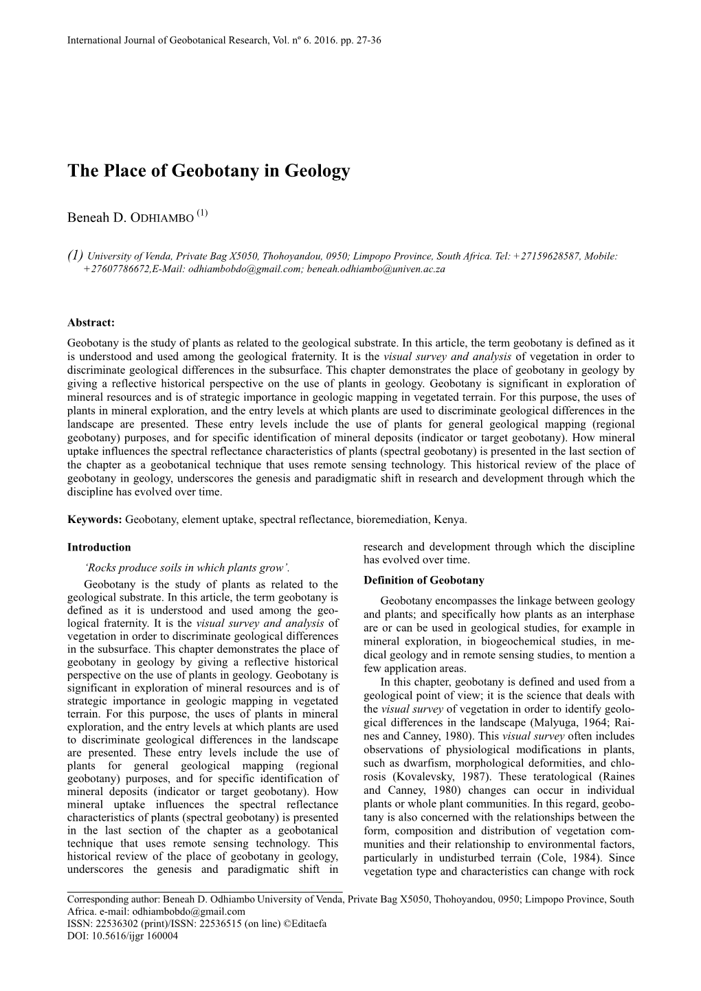 The Place of Geobotany in Geology