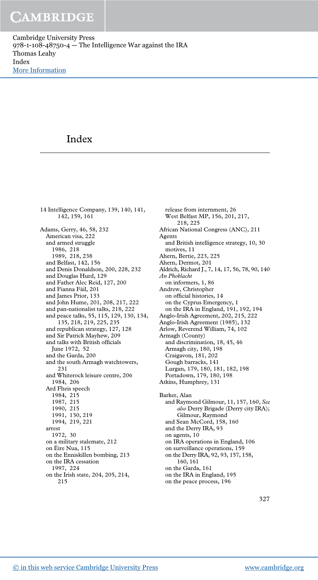 Cambridge University Press 978-1-108-48750-4 — the Intelligence War Against the IRA Thomas Leahy Index More Information