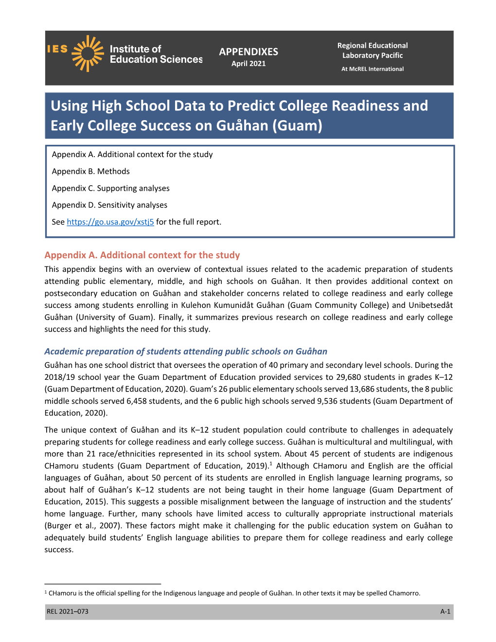 Using High School Data to Predict College Readiness and Early College Success on Guåhan (Guam)
