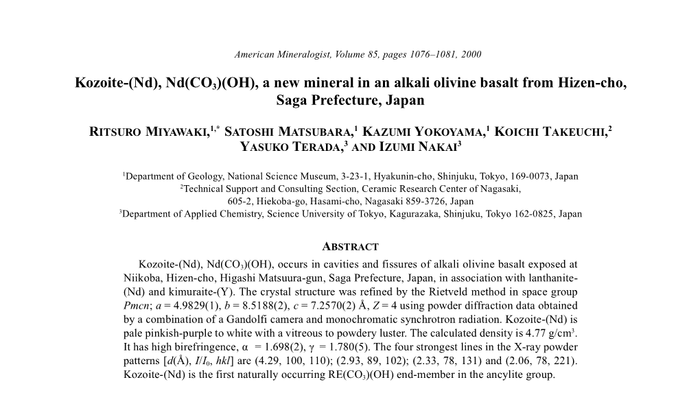 Kozoite-(Nd), Nd(CO3)(OH), a New Mineral in an Alkali Olivine Basalt from Hizen-Cho, Saga Prefecture, Japan