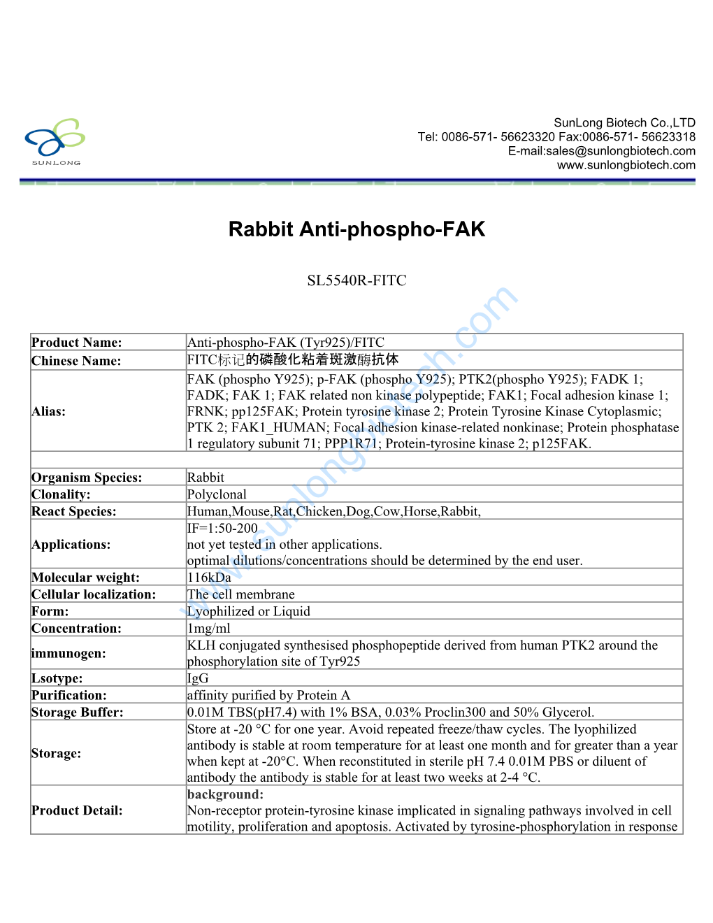 Rabbit Anti-Phospho-FAK-SL5540R-FITC