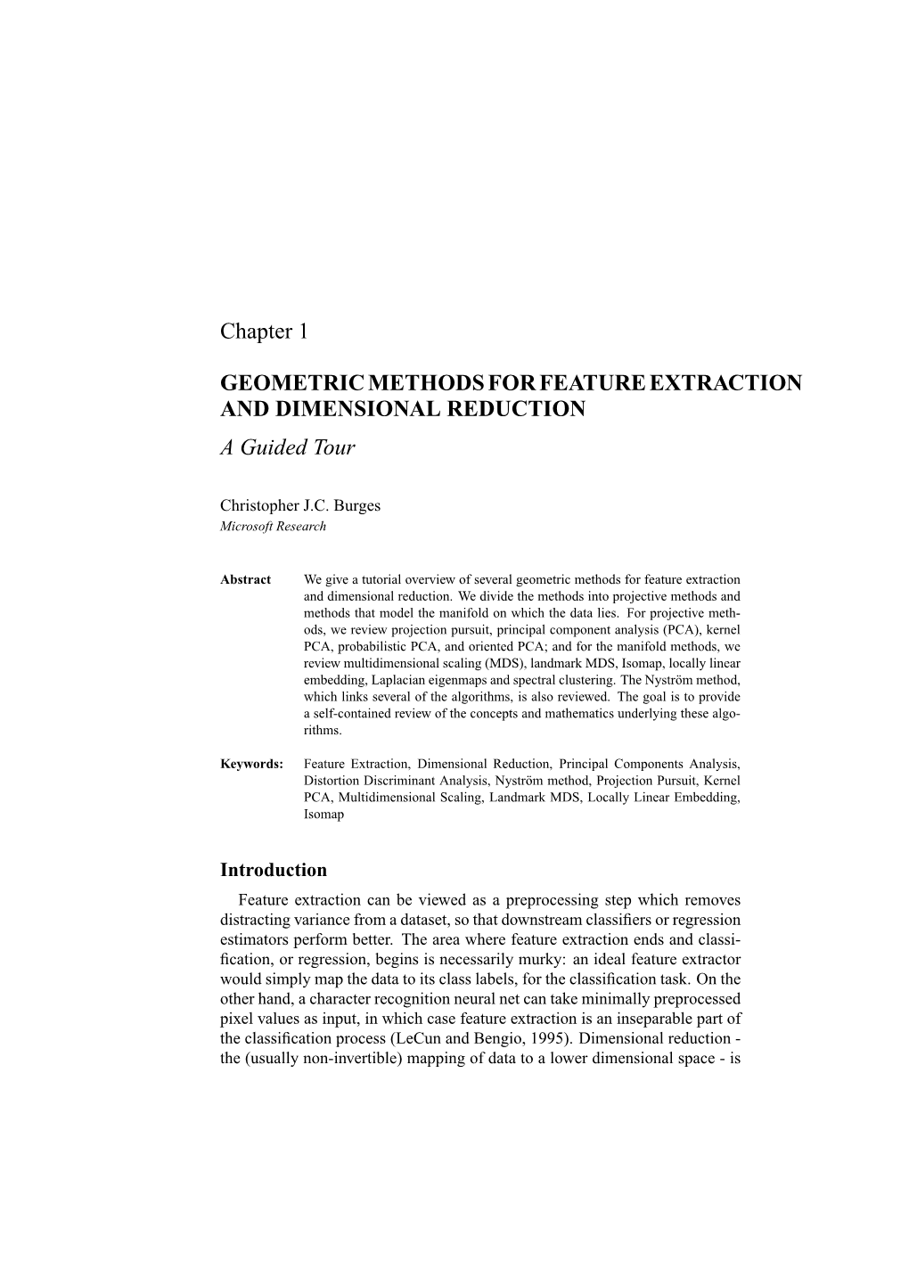 Chapter 1 GEOMETRIC METHODS for FEATURE EXTRACTION and DIMENSIONAL REDUCTION a Guided Tour