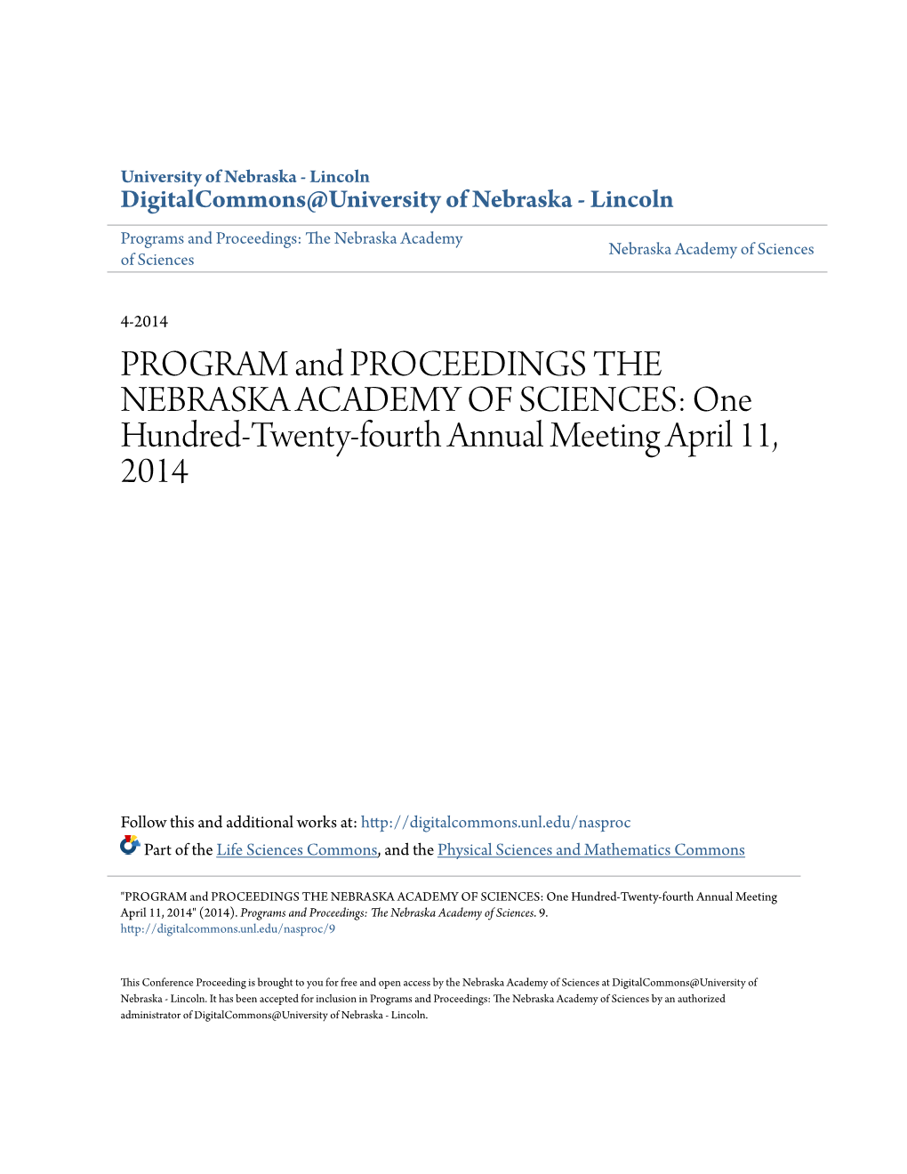 PROGRAM and PROCEEDINGS the NEBRASKA ACADEMY OF