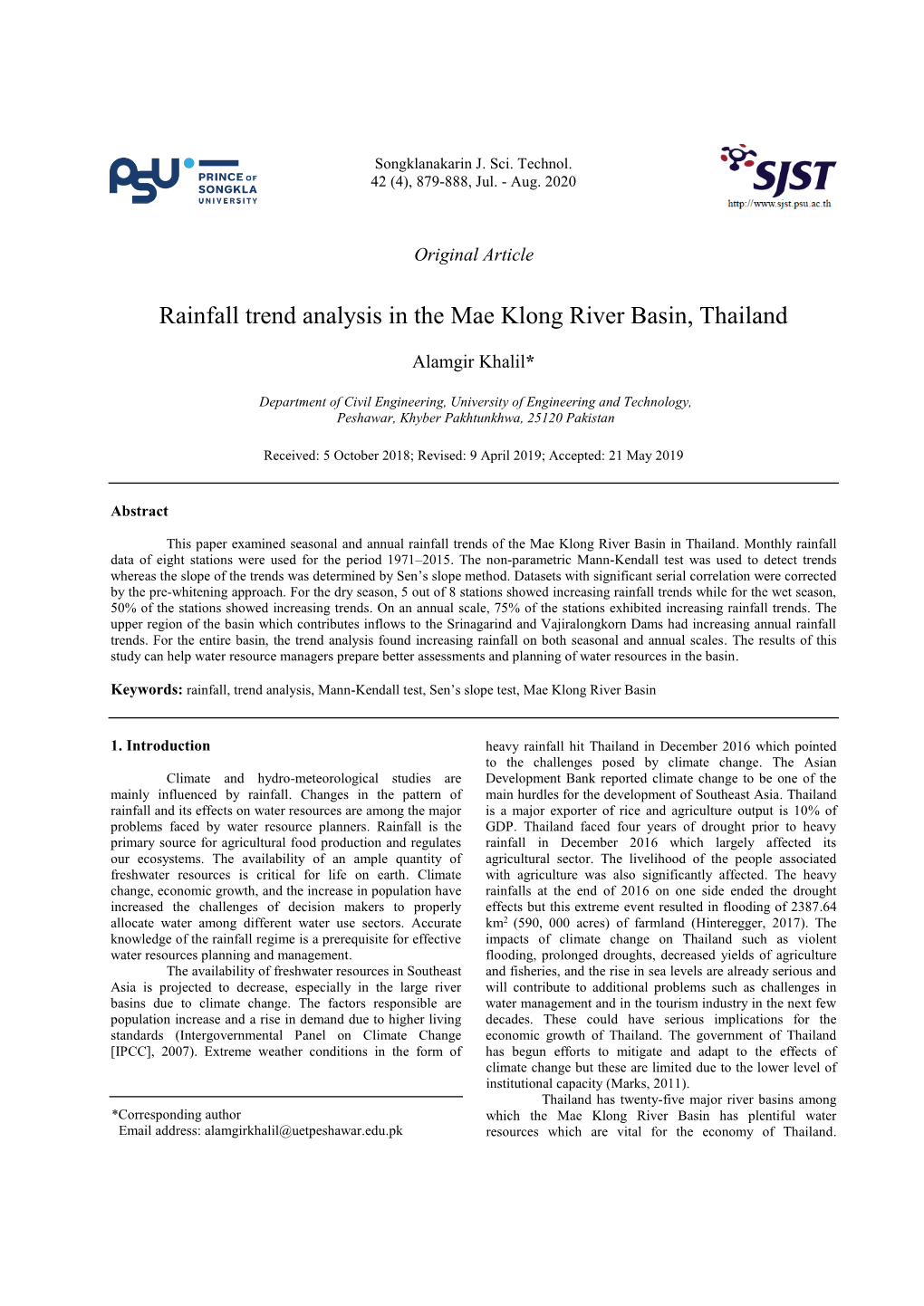 Rainfall Trend Analysis in the Mae Klong River Basin, Thailand