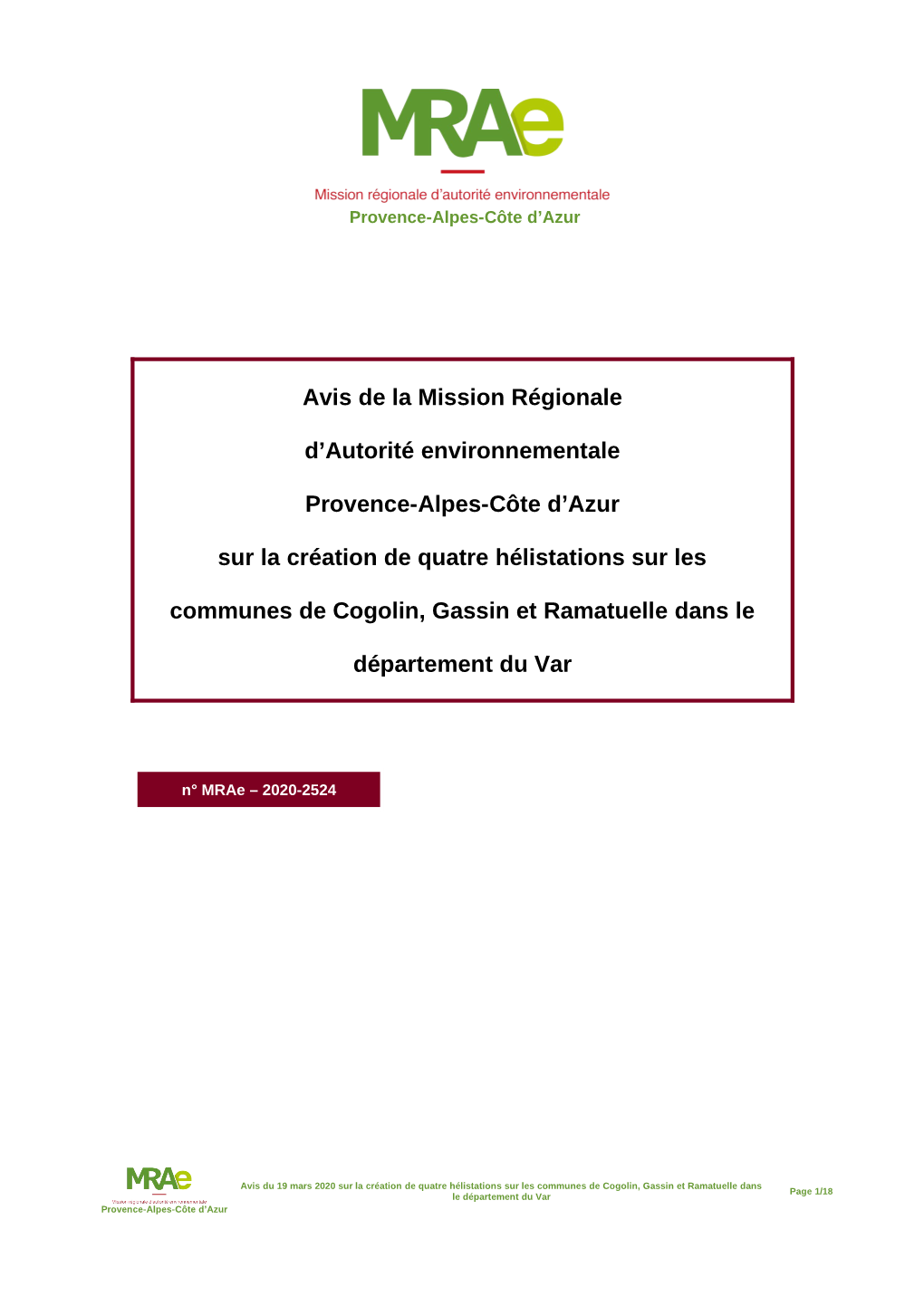 Création De Quatre Hélistations Sur Les Communes De Cogolin, Gassin Et Ramatuelle Dans Le Département Du