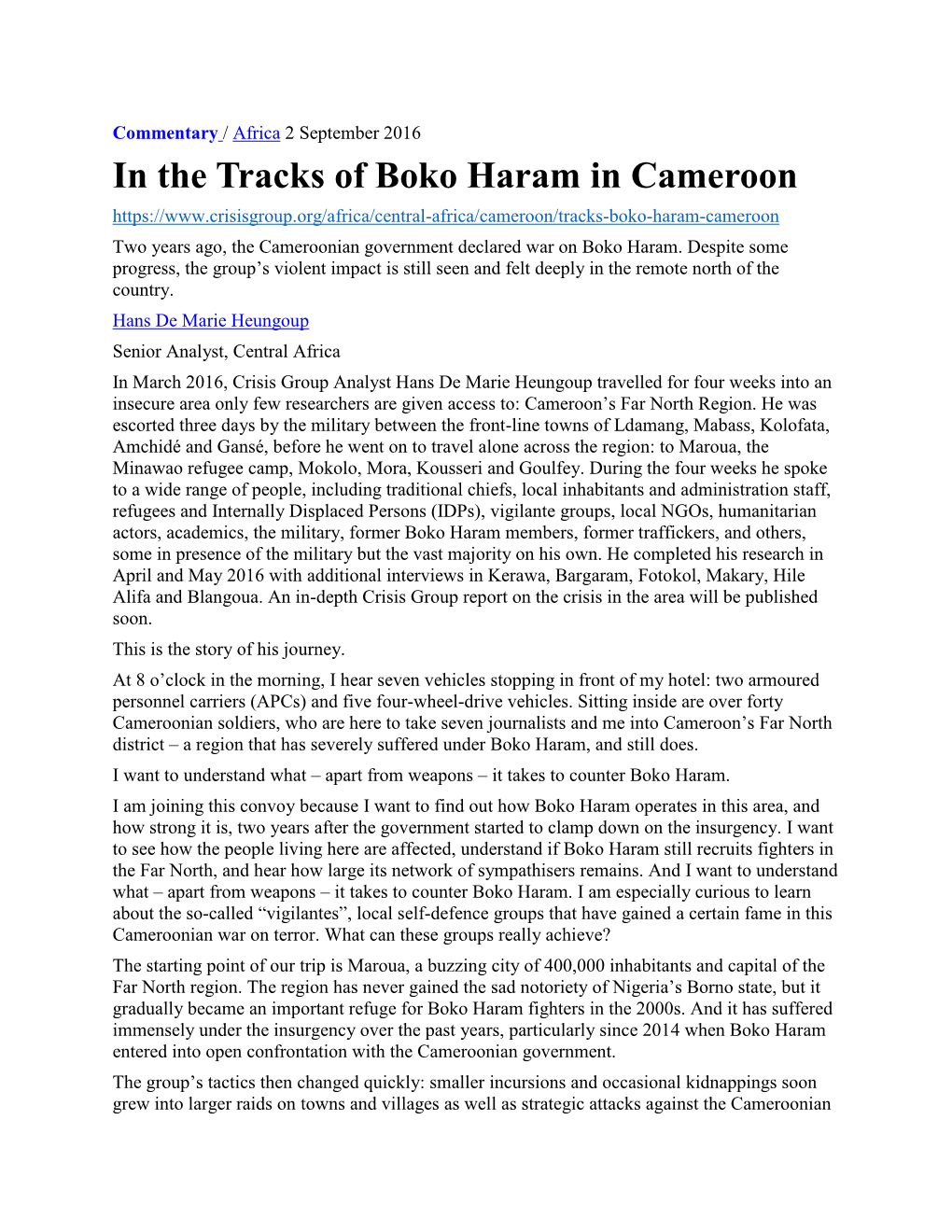 In the Tracks of Boko Haram in Cameroon