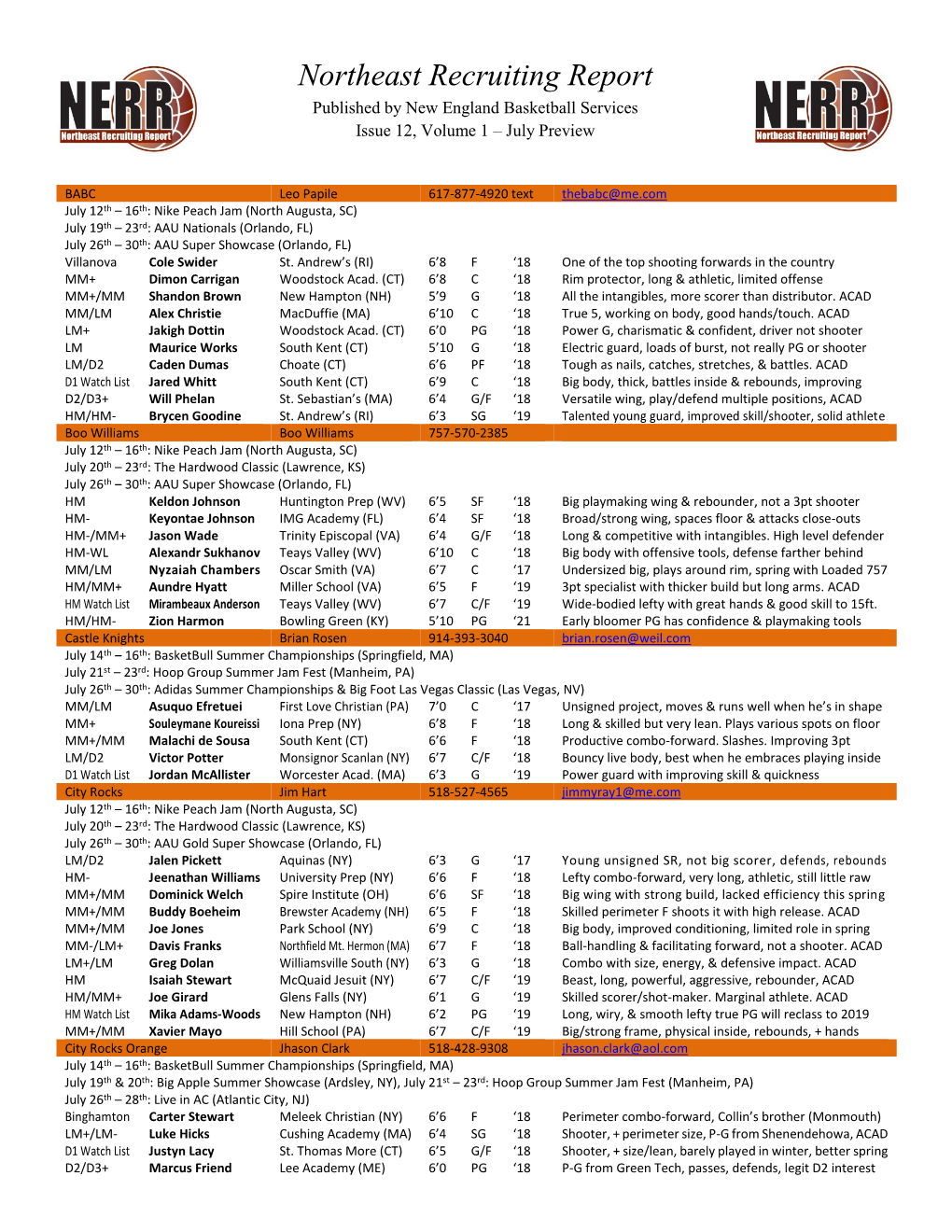Northeast Recruiting Report Published by New England Basketball Services Issue 12, Volume 1 – July Preview