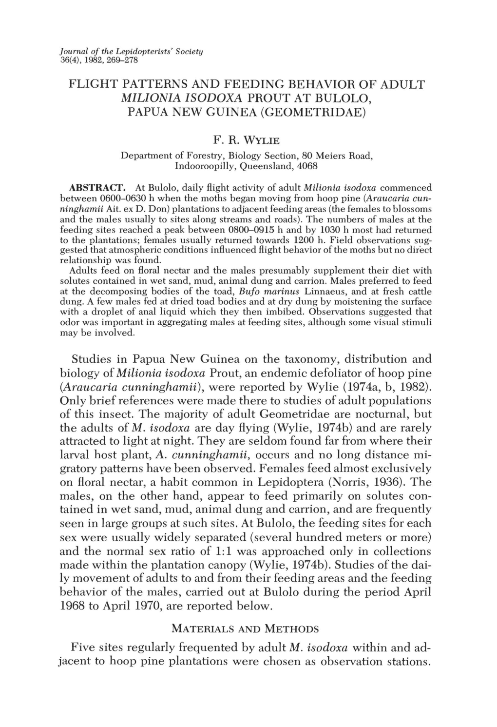 Flight Patterns and Feeding Behavior of Adult Milionia Isodoxa Prout at Bulolo, Papua New Guinea (Geometridae)