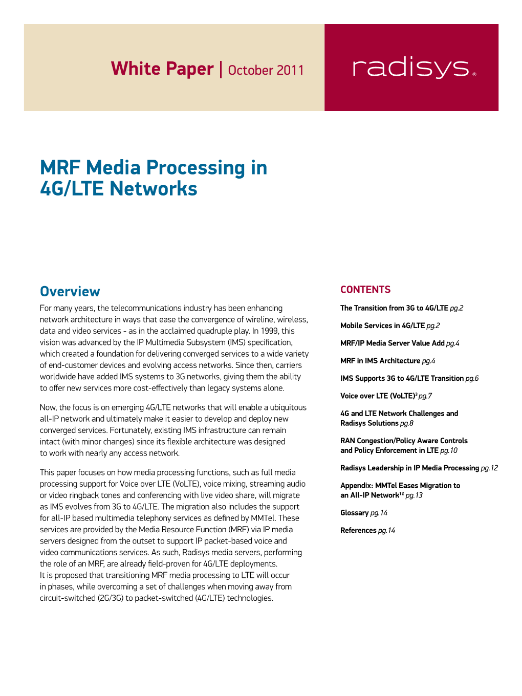 MRF Media Processing in 4G/LTE Networks