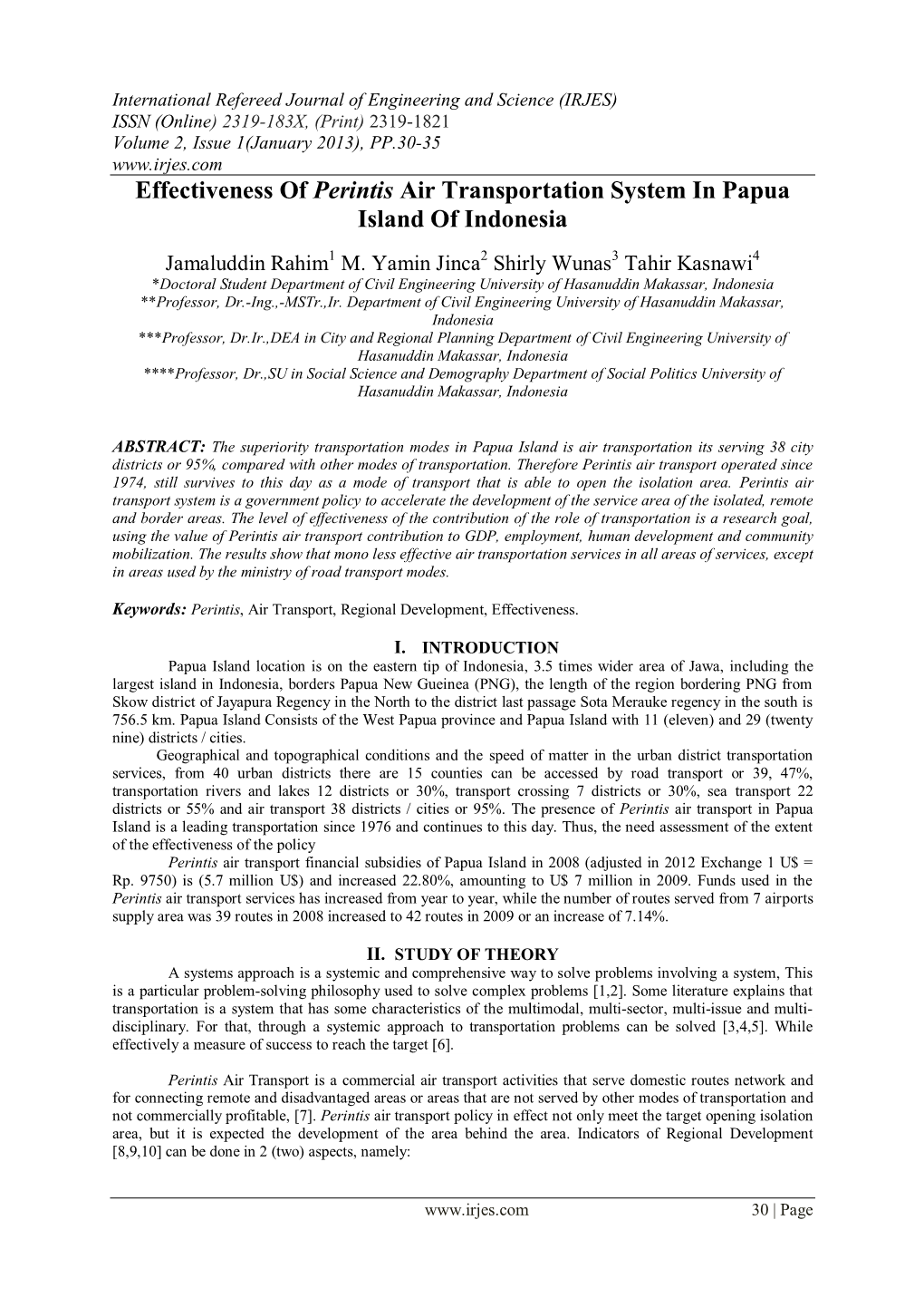 Effectiveness of Perintis Air Transportation System in Papua Island of Indonesia