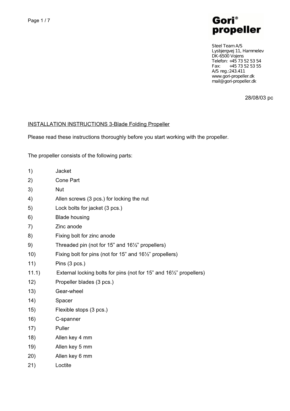 INSTALLATION INSTRUCTIONS 3-Blade Folding Propeller