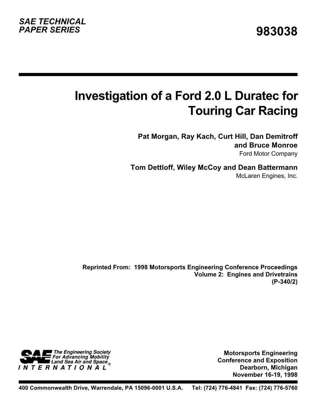 983038 Investigation of a Ford 2.0 L Duratec for Touring Car Racing