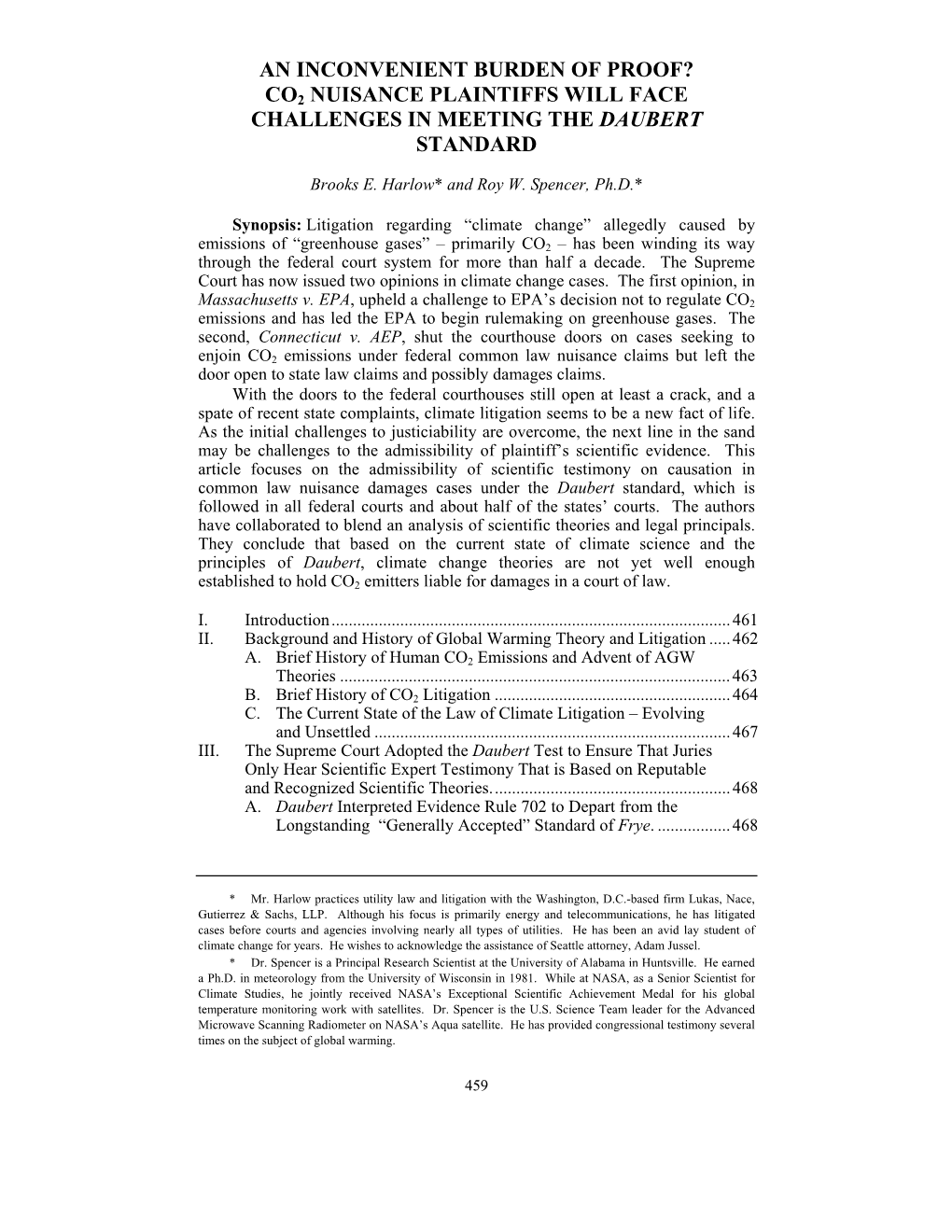 An Inconvenient Burden of Proof? Co2 Nuisance Plaintiffs Will Face Challenges in Meeting the Daubert Standard