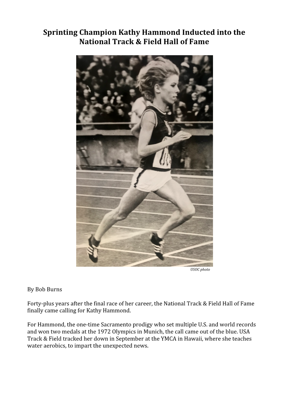 Sprinting Champion Kathy Hammond Inducted Into the National Track & Field Hall of Fame