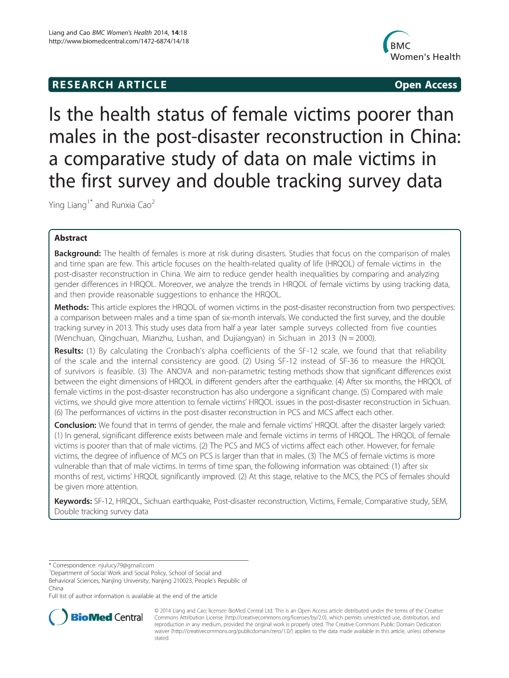 Is the Health Status of Female Victims Poorer Than Males in the Post-Disaster Reconstruction in China: a Comparative Study of Da
