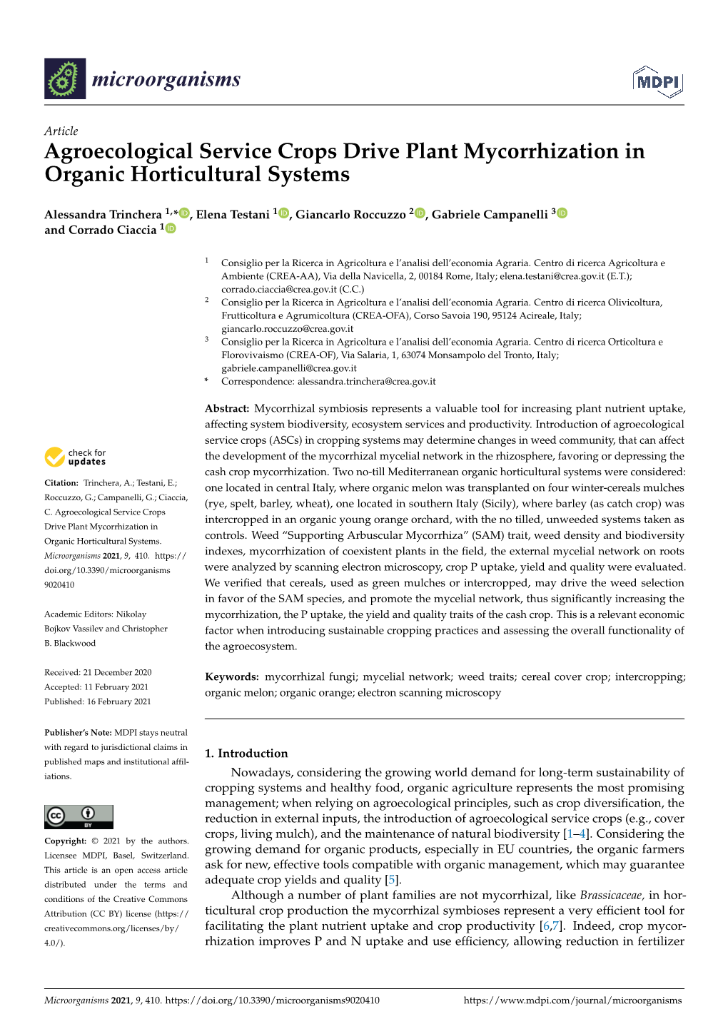 Agroecological Service Crops Drive Plant Mycorrhization in Organic Horticultural Systems
