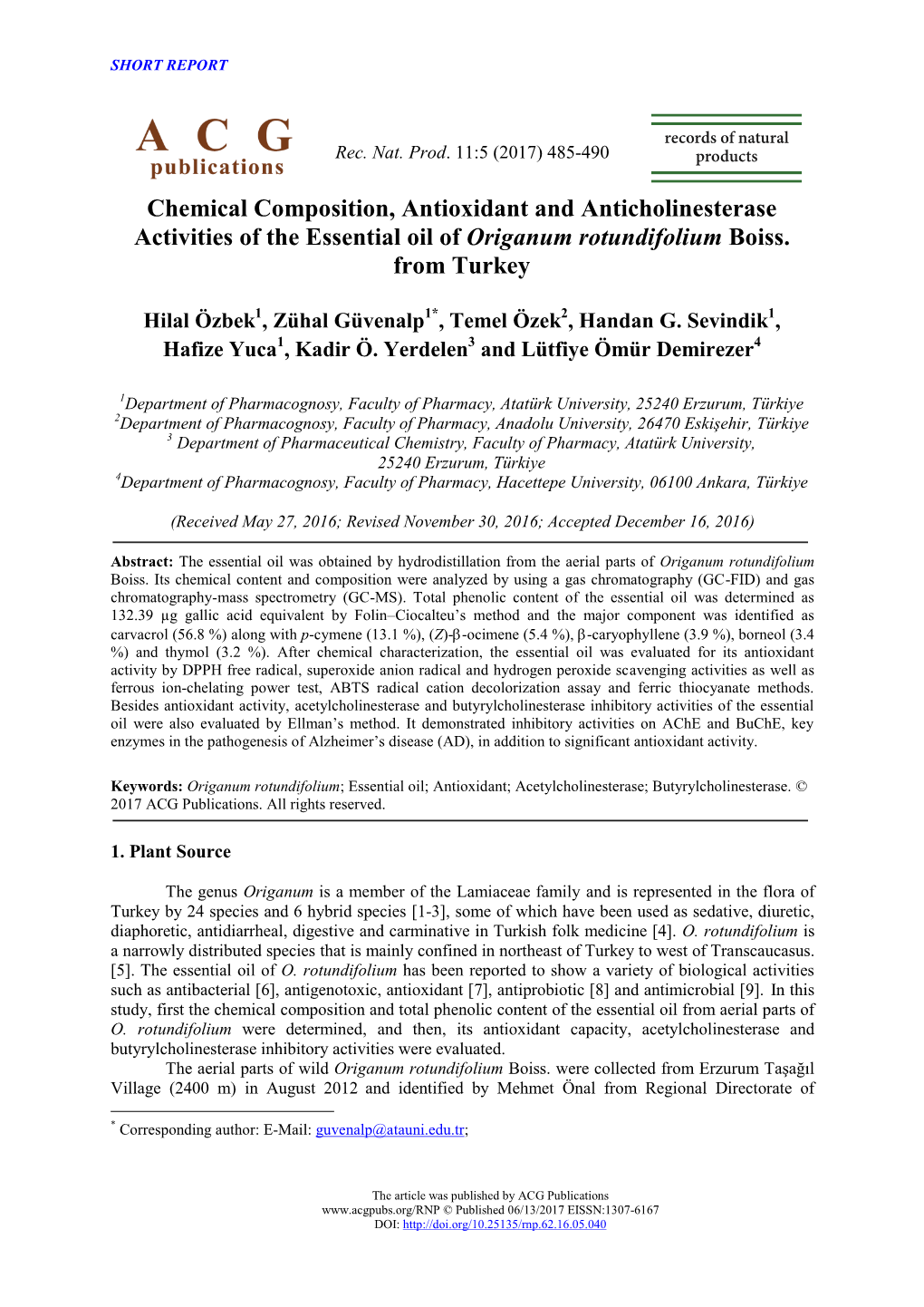 Chemical Composition, Antioxidant and Anticholinesterase Activities of the Essential Oil of Origanum Rotundifolium Boiss. from Turkey