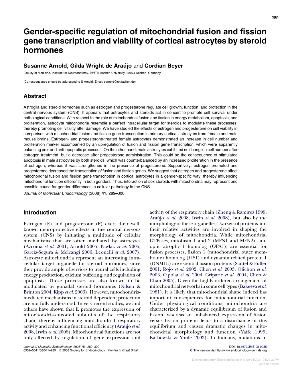 Gender-Specific Regulation of Mitochondrial Fusion and Fission