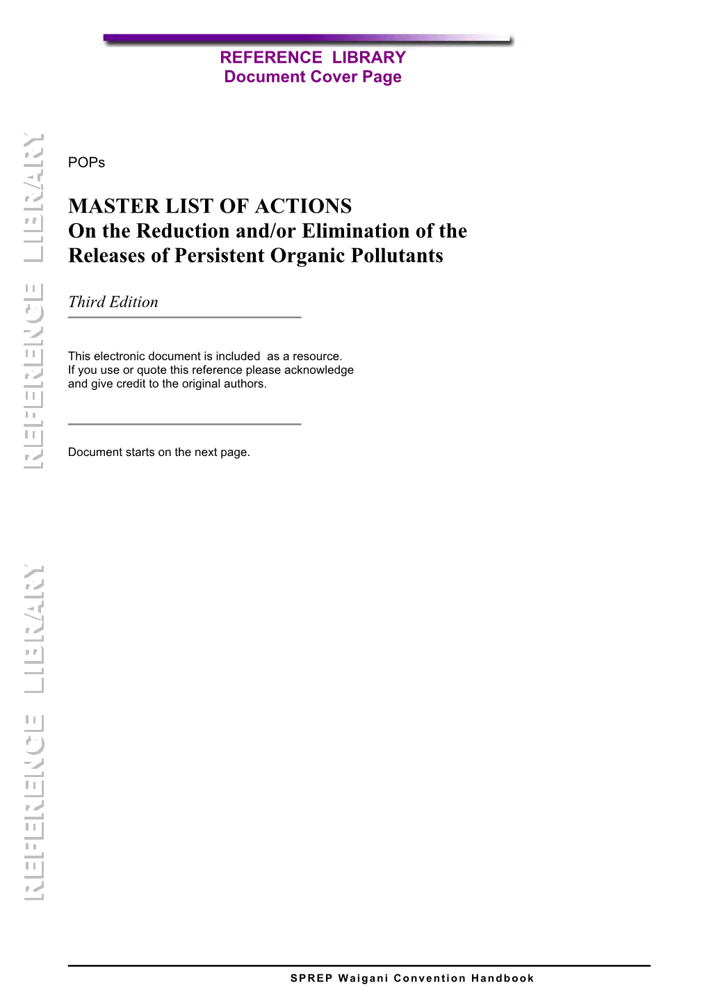 MASTER LIST of ACTIONS on the Reduction And/Or Elimination of the Releases of Persistent Organic Pollutants