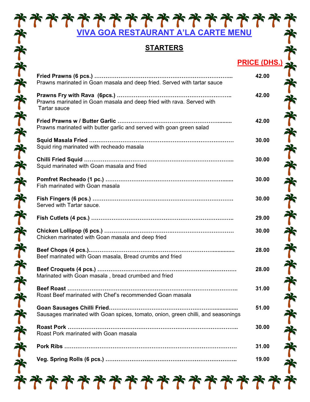 Viva Goa Restaurant A'la Carte Menu