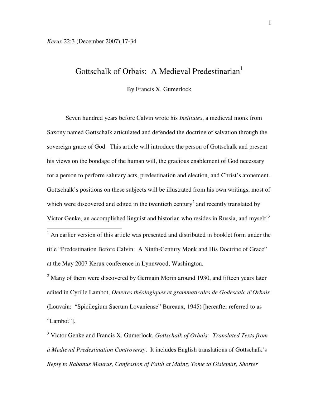 Gottschalk of Orbais: a Medieval Predestinarian 1