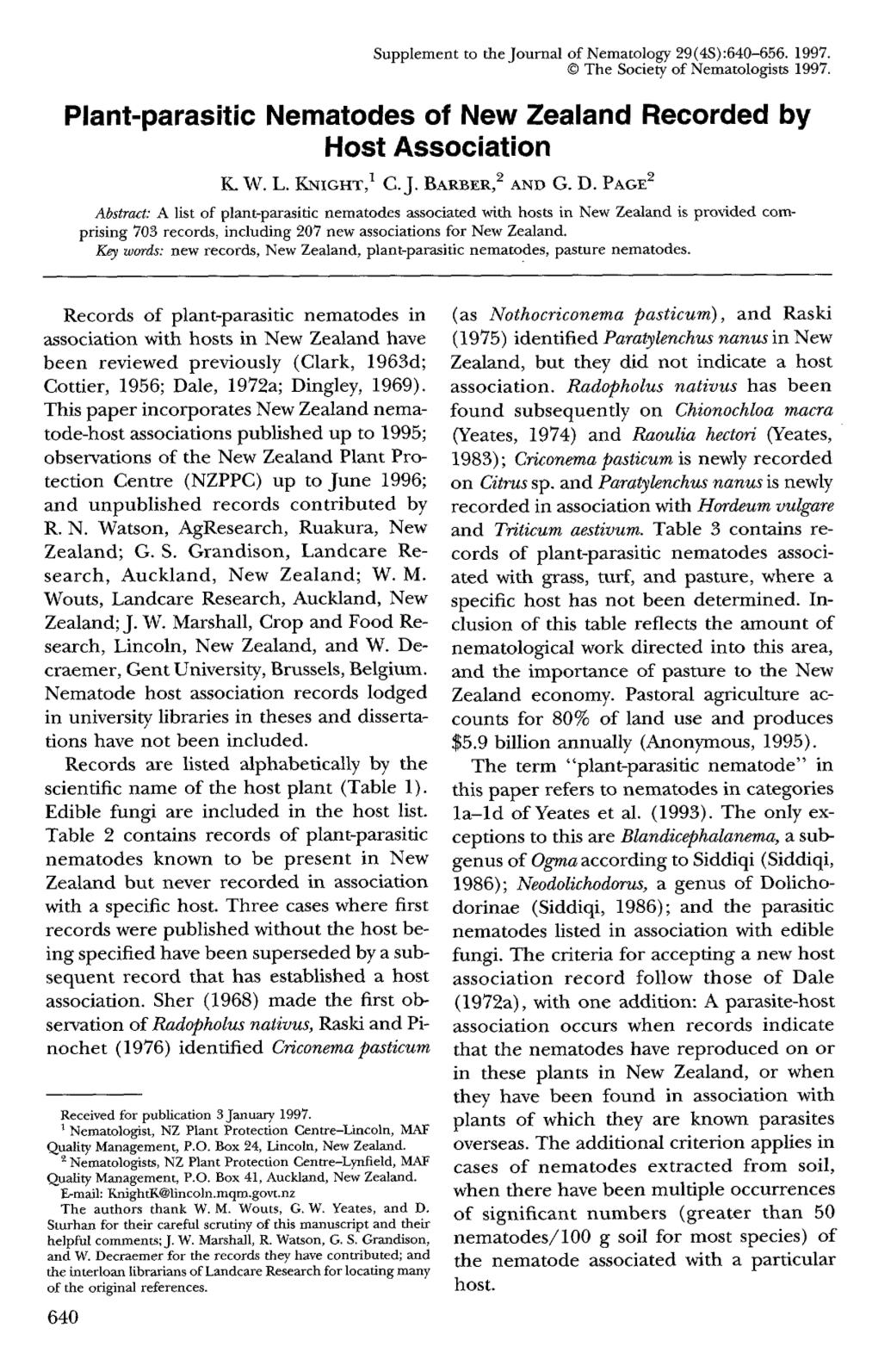 Plant-Parasitic Nematodes of New Zealand Recorded by Host Association K