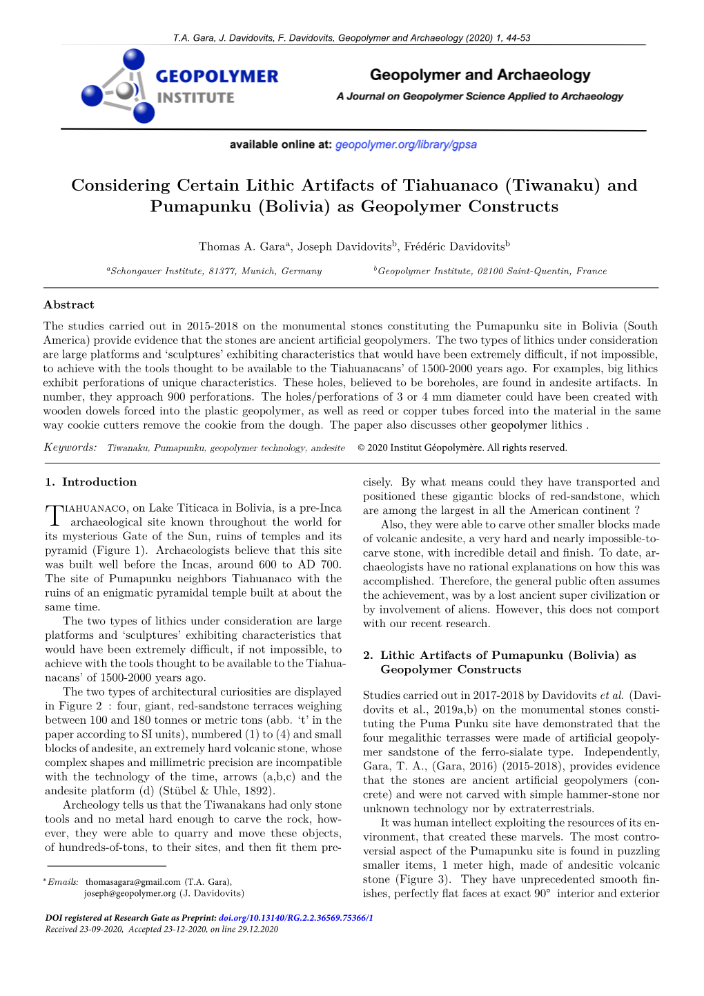 (Tiwanaku) and Pumapunku (Bolivia) As Geopolymer Constructs