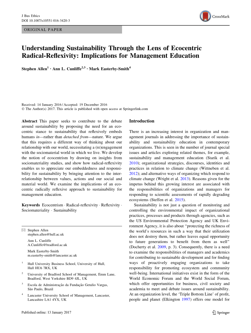 Understanding Sustainability Through the Lens of Ecocentric Radical-Reflexivity: Implications for Management Education