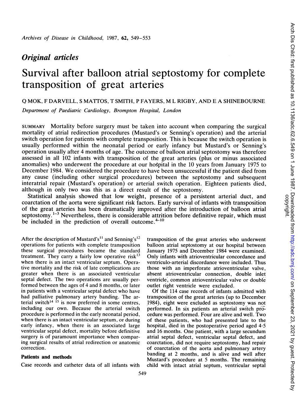 Survival After Balloon Atrial Septostomy for Complete Transposition of Great Arteries