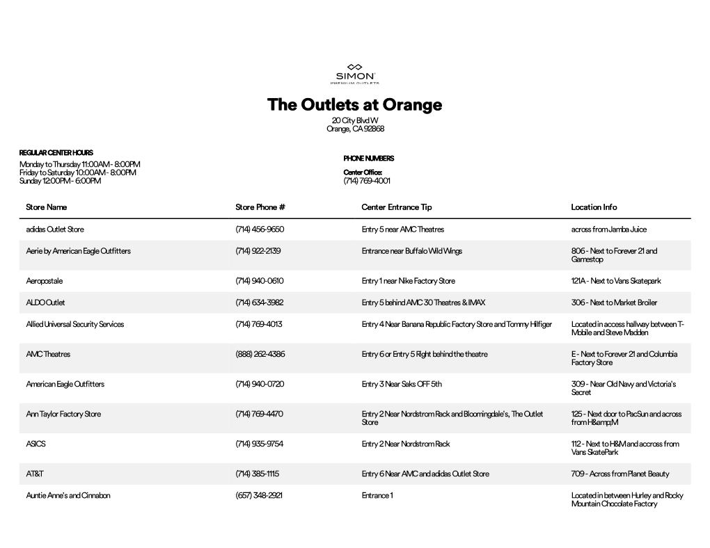 Complete List of Stores Located at the Outlets at Orange