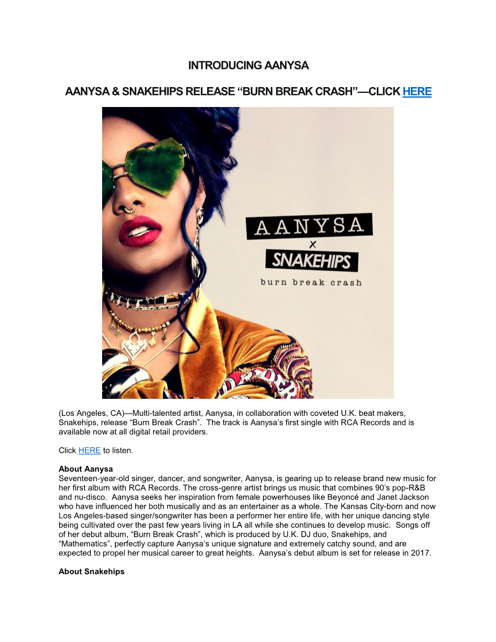 Introducing Aanysa Aanysa & Snakehips Release “Burn Break Crash”—Click Here