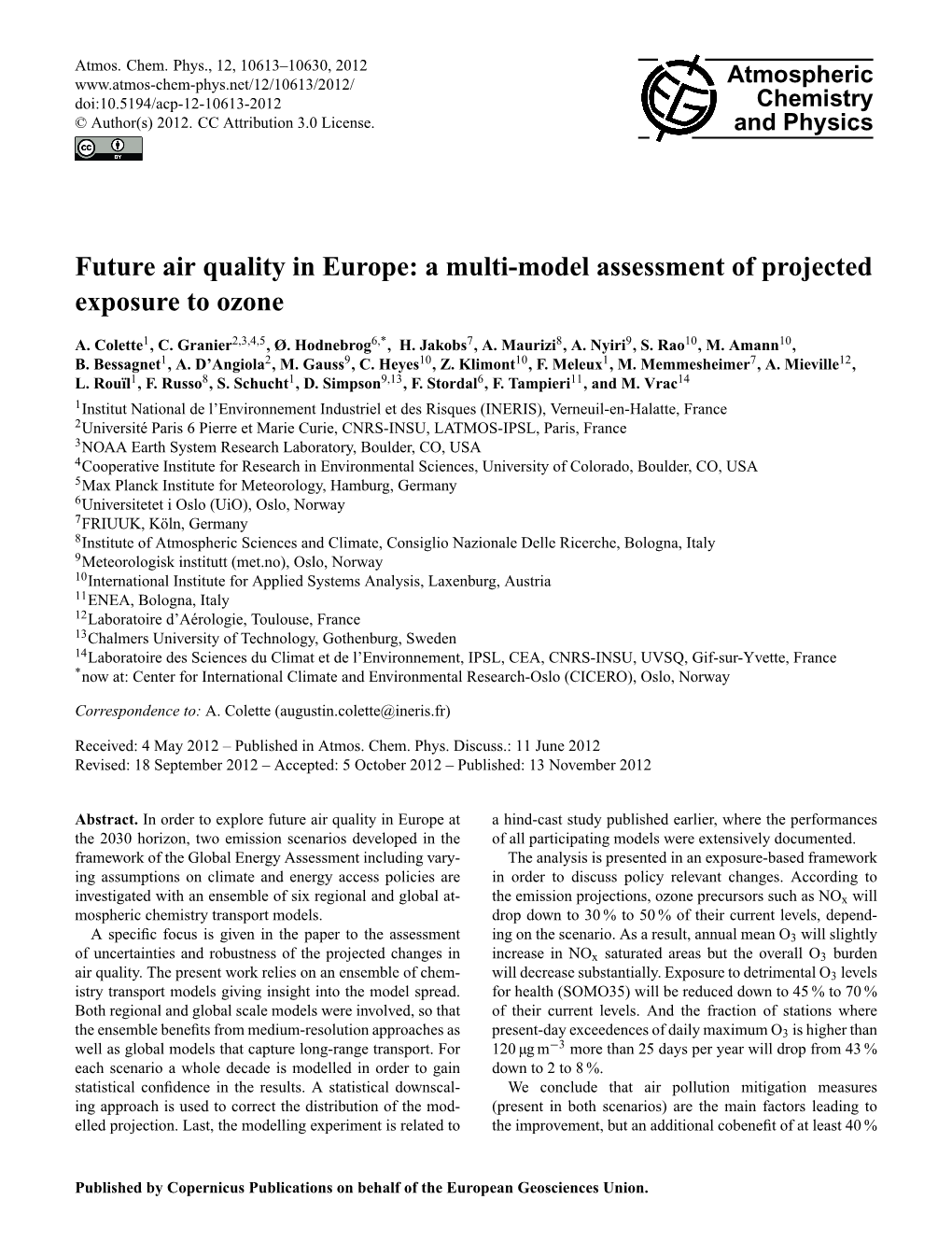 Future Air Quality in Europe: a Multi-Model Assessment of Projected Exposure to Ozone