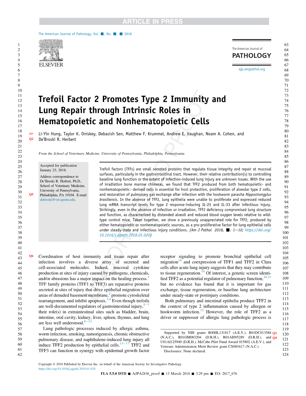 Trefoil Factor 2 Promotes Type 2 Immunity and Lung Repair Through