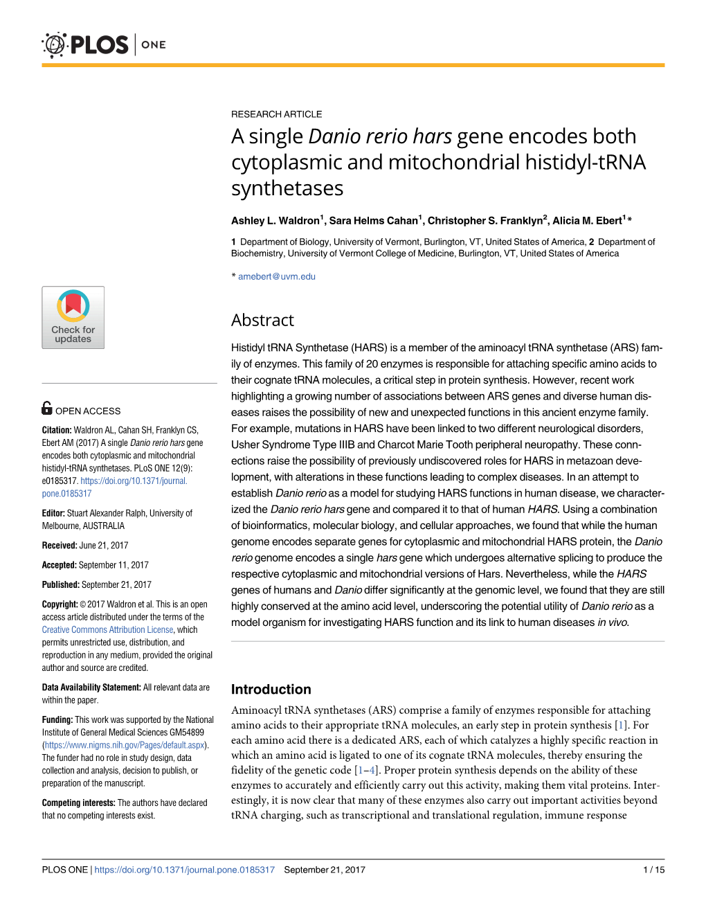 A Single Danio Rerio Hars Gene Encodes Both Cytoplasmic and Mitochondrial Histidyl-Trna Synthetases