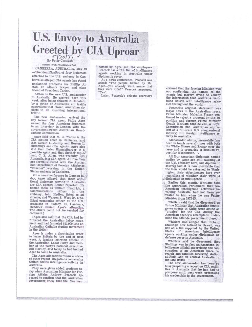 U.S. Envoy to Australia Gree,Tplby CIA Uproar by Peter Costigan Special to the Washington Post Named by Agee Are CIA Employees