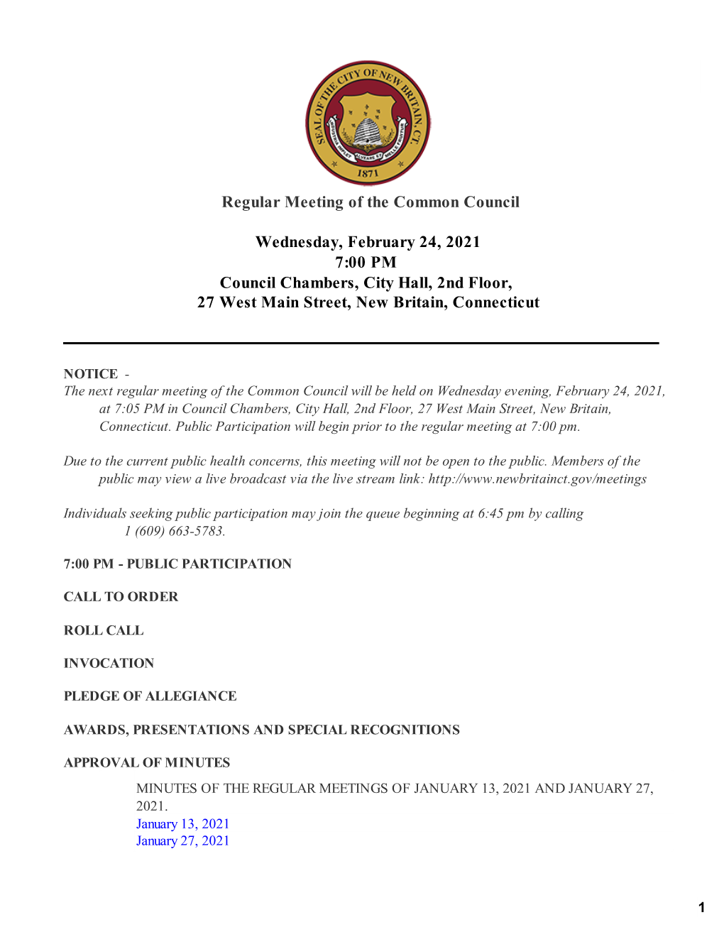 Regular Meeting of the Common Council Wednesday, February 24