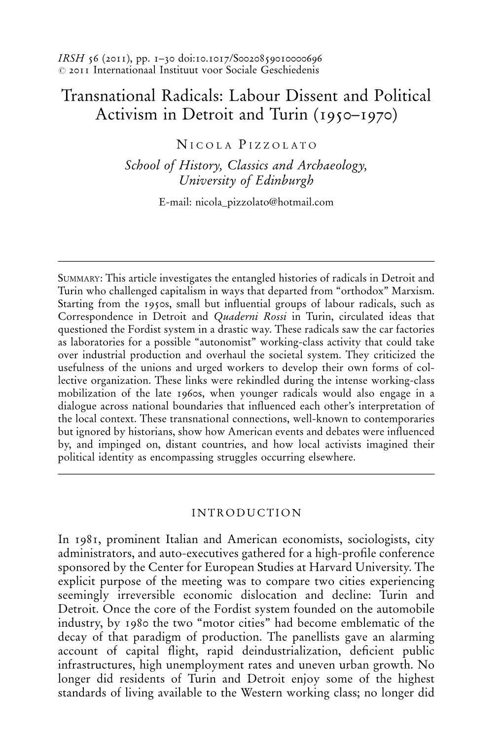 Transnational Radicals: Labour Dissent and Political Activism in Detroit and Turin (1950–1970)