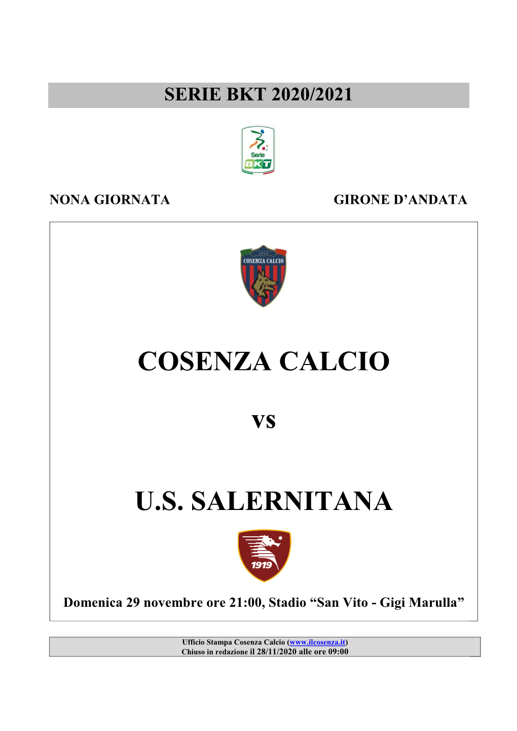 COSENZA CALCIO Vs U.S. SALERNITANA