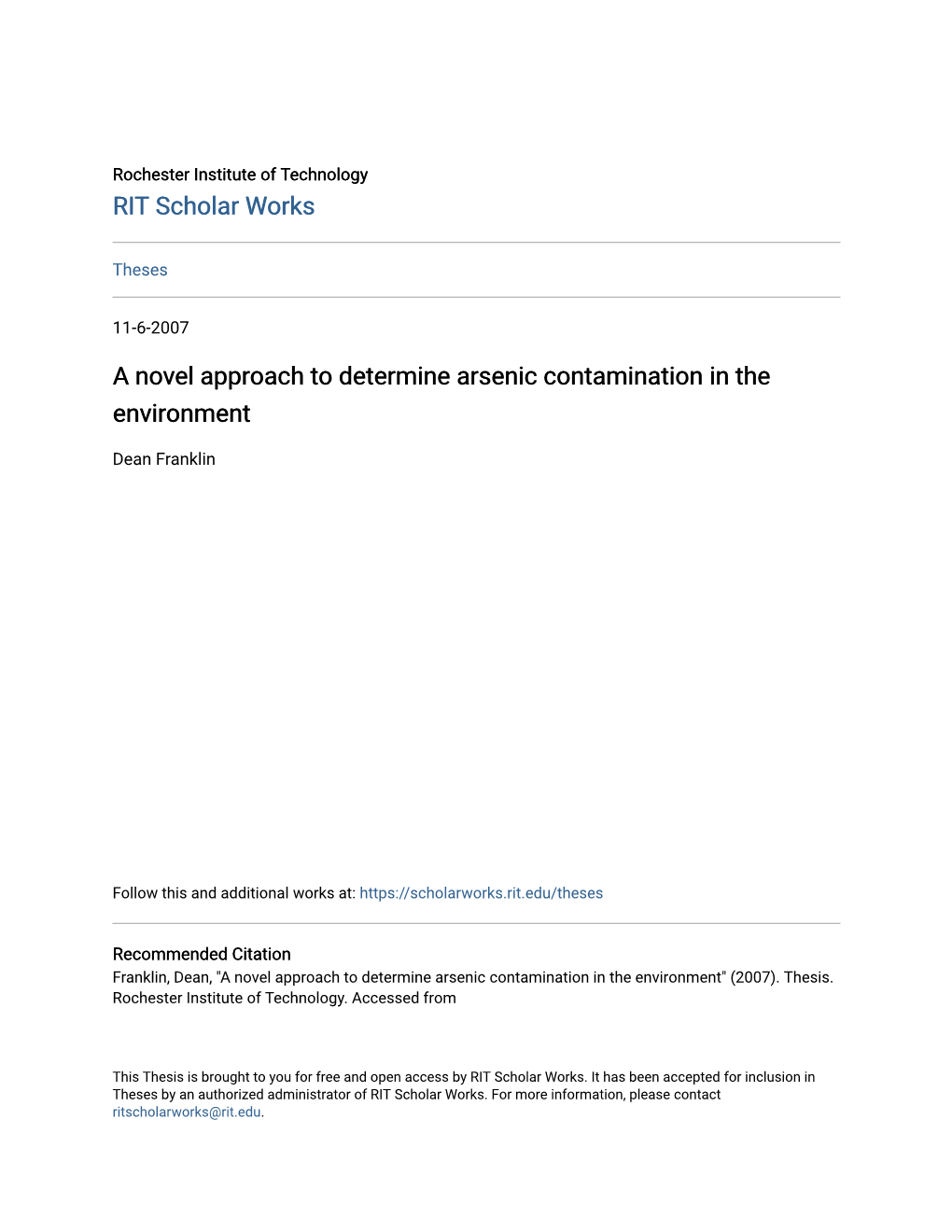 A Novel Approach to Determine Arsenic Contamination in the Environment